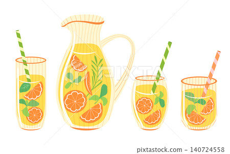 Orange lemonade vector set. Ribbed pitcher and glasses with citrus juice, orange slices, mint and striped straws isolated on white background. Summer beverage clipart. Refreshing drinks for menu 140724558