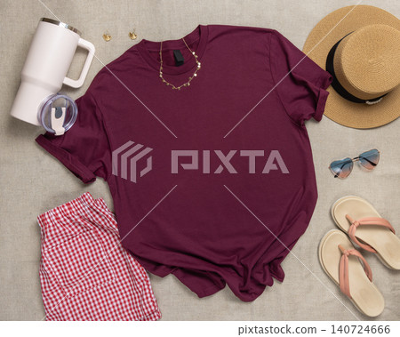 Blank dark red shirt mockup with woman summer accessories, template for print on demand, copy space Blank dark red shirt mockup with woman summer accessories, template for print on demand, copy space 140724666