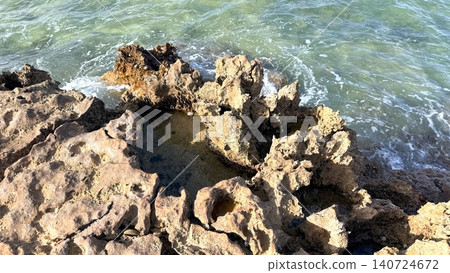 Rocky shoreline with tidal pools and clear turquoise water 140724672