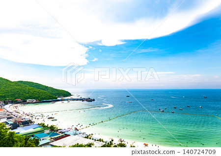 A beach surrounded by greenery and the blue sea. 140724709