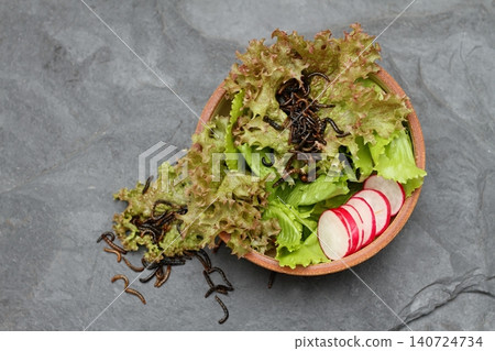 Edible mealworms lat. Tenebrio molitor and mixed fresh lettuce served in the bowl on stone table, top view. 140724734
