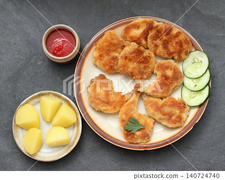 Quail schnitzel from legs and breasts on the plate. Quail schnitzel from legs and breasts on the plate. 140724740