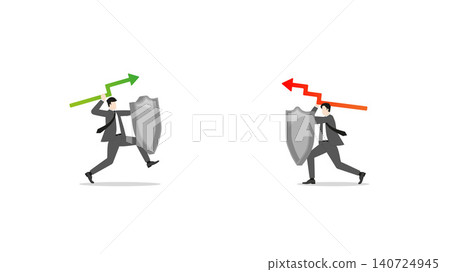 Businessman fighting in financial market using green bullish uptrend and red bearish downtrend graph arrows as weapons with protective shield wealth management strategy Businessman fighting in financial market using green bullish uptrend and red bearish downtrend graph arrows as weapons with protective shield wealth management strategy 140724945