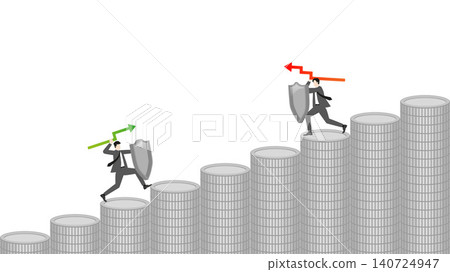 Businessman fighting in financial market using arrow graph weapons on coin staircase investment growth strategy saving and wealth protection financial concept Businessman fighting in financial market using arrow graph weapons on coin staircase investment growth strategy saving and wealth protection financial concept 140724947