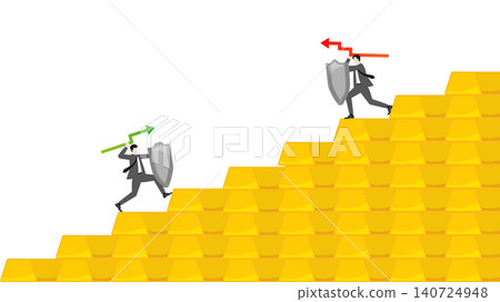Businessman fighting in financial market using arrow graph weapons on gold bar staircase wealth management investment growth strategy and asset protection concept Businessman fighting in financial market using arrow graph weapons on gold bar staircase wealth management investment growth strategy and asset protection concept 140724948