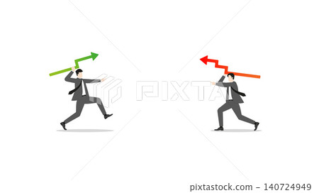 Businessman competing in financial market using green bullish and red bearish graph arrows for attacking in business battle competition conflict financial growth strategy Businessman competing in financial market using green bullish and red bearish graph arrows for attacking in business battle competition conflict financial growth strategy 140724949