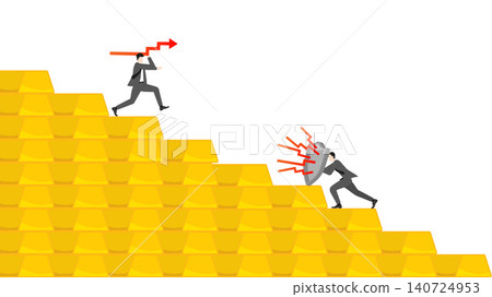 Businessman defending gold investment on gold bar staircase against bearish market attack with shield investment strategy and asset protection concept Businessman defending gold investment on gold bar staircase against bearish market attack with shield investment strategy and asset protection concept 140724953