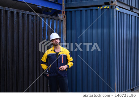 Logistics worker standing beside shipping containers at industrial freight terminal Logistics worker standing beside shipping containers at industrial freight terminal 140725190