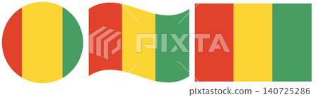 Guinea flags collection. Waving flag of Guinea isolated. Round flag of Guinea isolated in circle shape. Guinea flags collection. Waving flag of Guinea isolated. Round flag of Guinea isolated in circle shape. 140725286