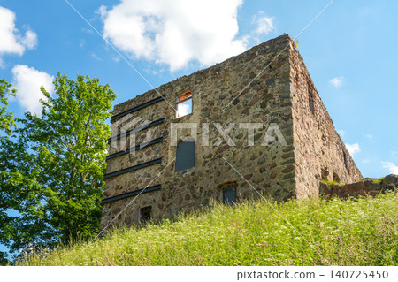 Historic Livonian Order Castle Ruins on Grassy Hill in Aizpute Latvia Under Summer Blue Sky View Historic Livonian Order Castle Ruins on Grassy Hill in Aizpute Latvia Under Summer Blue Sky View 140725450
