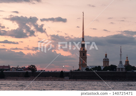 Soft pastel sunset over Peter and Paul Fortress, Saint-Petersburg 140725471