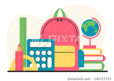 Colorful Back to School Essentials Backpack, Books, Globe and Stationery in Flat Cartoon Style. Education Concept Colorful Back to School Essentials Backpack, Books, Globe and Stationery in Flat Cartoon Style. Education Concept 140725553