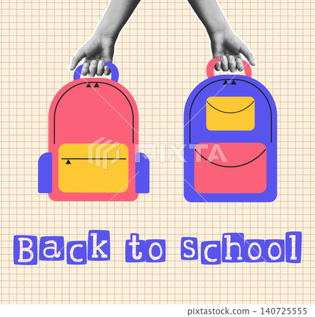 Halftone banner. hands hold school backpack . education conception. Back to school. vector illustration Halftone banner. hands hold school backpack . education conception. Back to school. vector illustration 140725555