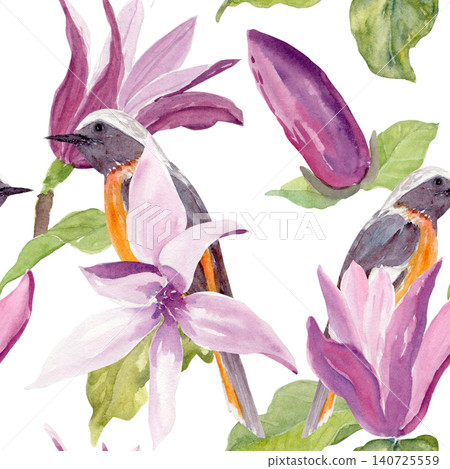 Seamless watercolor pattern with pink magnolia flowers, buds, leaves and Daurian redstart birds. Hand painted floral design for fabric, wallpaper, wrapping paper, stationery, textile and home decor Seamless watercolor pattern with pink magnolia flowers, buds, leaves and Daurian redstart birds. Hand painted floral design for fabric, wallpaper, wrapping paper, stationery, textile and home decor 140725559