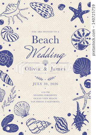 Beach Wedding Invitation Template with Seashell Border Elegant Coastal Style Beach Wedding Invitation Template with Seashell Border Elegant Coastal Style 140725759
