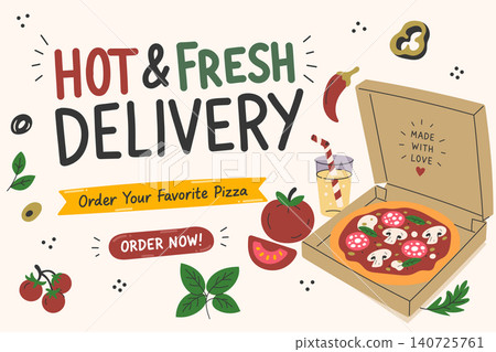 Pizza Delivery Promotion Template with Open Box Drink and Fresh Italian Ingredients Flat Style Pizza Delivery Promotion Template with Open Box Drink and Fresh Italian Ingredients Flat Style 140725761