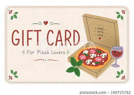 Pizza Gift Card Design with Open Box Wine Glass and Basil Leaves Flat Style Pizza Gift Card Design with Open Box Wine Glass and Basil Leaves Flat Style 140725762