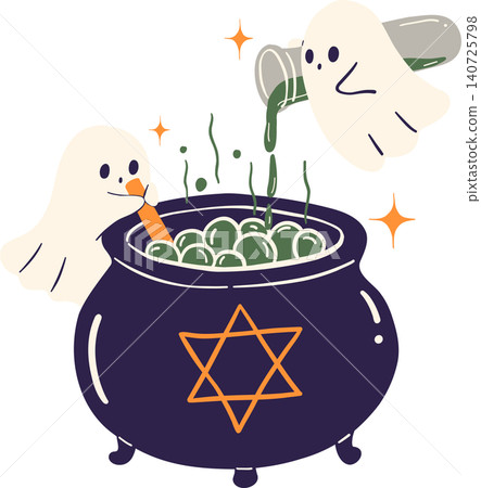 Sassy Halloween Preppy Fairy Ghosts Mixing Magic Potion in Wizard Cauldron in Coquette style Cute Spooky Clipart 140725798