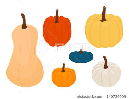 set of different ripe pumpkins on a white background. vector illustration. Thanksgiving, Halloween, harvest day. 140726009