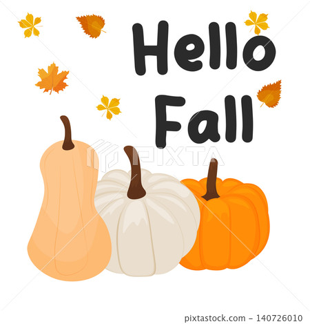 ripe pumpkins, autumn harvest, the phrase Hello FALL. Seasonal greetings. Autumn mood. Vector ripe pumpkins, autumn harvest, the phrase Hello FALL. Seasonal greetings. Autumn mood. Vector 140726010