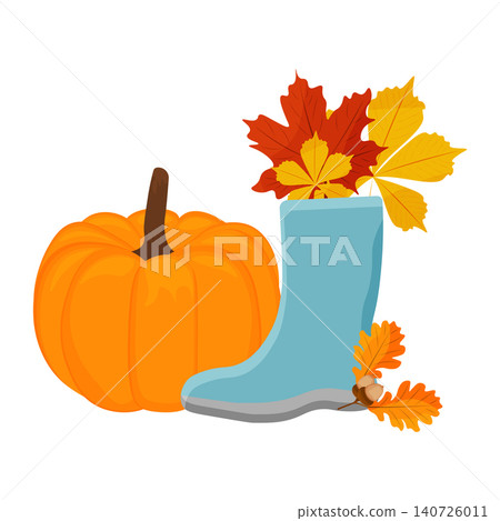 Cute autumn postcard. blue rubber boots with pumpkin and autumn leaves. vector illustration 140726011