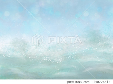 淺藍色波浪和閃閃發光的水花——夢幻般的日式背景插圖。 淺藍色波浪和閃閃發光的水花——夢幻般的日式背景插圖。 140726412