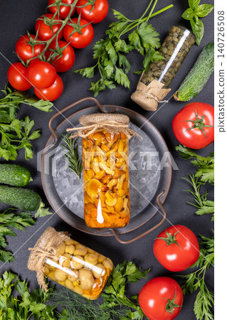 Homemade pickled mushrooms, tomatoes, cucumbers, and capers Homemade pickled mushrooms, tomatoes, cucumbers, and capers 140726508