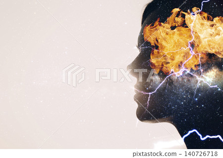 Woman Psychology and Healthy Nerves Mindset. Anger Management Anxiety Concept. Flame and lightning in a female head silhouette 140726718