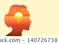 Sun rising over ocean in silhouette female head. Woman mindset awakening psychology mental health and human design. 140726738