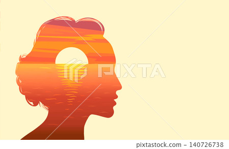 Sun rising over ocean in silhouette female head. Woman mindset awakening psychology mental health and human design. 140726738
