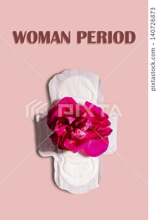Menstrual pad with rose flower on pink background. Menstruation cycle period, woman hygiene and comfort concept Menstrual pad with rose flower on pink background. Menstruation cycle period, woman hygiene and comfort concept 140726873