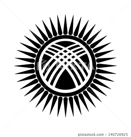Sun that contains a depiction of a tunduk the opening in the center of the roof of a yurt, traditional nomadic tent. Black symbol from National State Flag, ensign of the Kyrgyz Republic sticker. Sun that contains a depiction of a tunduk the opening in the center of the roof of a yurt, traditional nomadic tent. Black symbol from National State Flag, ensign of the Kyrgyz Republic sticker. 140726925