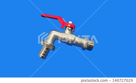 Metal plumbing water tap with red lever handle isolated against solid blue background, concept of household water supply and plumbing maintenance 140727029