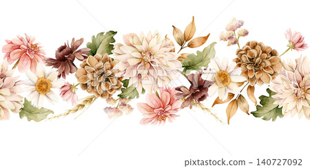 Autumn flowers Seamless Border. Fall plants Dahlia Chrysanthemum Daisy. Watercolor hand drawn floral illustration isolated on white background wedding home textile cosmetic package porcelain crockery Autumn flowers Seamless Border. Fall plants Dahlia Chrysanthemum Daisy. Watercolor hand drawn floral illustration isolated on white background wedding home textile cosmetic package porcelain crockery 140727092