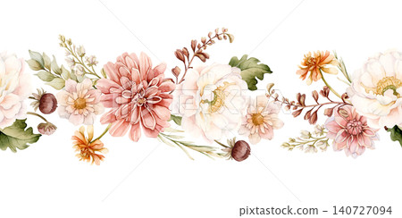 Autumn flower Seamless Border Fall plant Dahlia Chrysanthemum Zinnia. Watercolor hand drawn floral illustration isolated on white background wedding home textile cosmetic package porcelain crockery Autumn flower Seamless Border Fall plant Dahlia Chrysanthemum Zinnia. Watercolor hand drawn floral illustration isolated on white background wedding home textile cosmetic package porcelain crockery 140727094