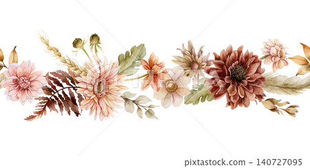 Autumn flower Seamless Border Fall plants Dahlia Chrysanthemum Gerbera. Watercolor hand drawn floral illustration isolated on white background wedding home textile cosmetic package porcelain crockery 140727095