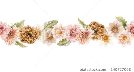 Autumn flower Seamless Border Dahlia Chrysanthemum Aster. Watercolor hand drawn floral illustration isolated on white background wedding design home textile print cosmetic package porcelain crockery Autumn flower Seamless Border Dahlia Chrysanthemum Aster. Watercolor hand drawn floral illustration isolated on white background wedding design home textile print cosmetic package porcelain crockery 140727098
