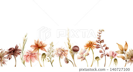 Autumn flower Seamless Border Dahlia Chrysanthemum Aster Echinacea wildflowers. Watercolor hand drawn floral illustration isolated on white background for wedding design home textile cosmetic package Autumn flower Seamless Border Dahlia Chrysanthemum Aster Echinacea wildflowers. Watercolor hand drawn floral illustration isolated on white background for wedding design home textile cosmetic package 140727100