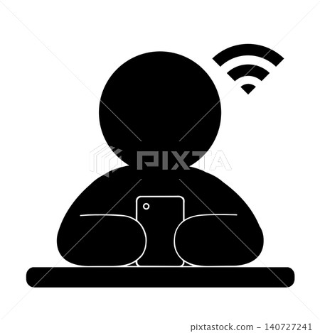 一個簡單的插圖,描繪了一個人拿著智慧型手機和一個 Wi-Fi 符號。 一個簡單的插圖,描繪了一個人拿著智慧型手機和一個 Wi-Fi 符號。 140727241