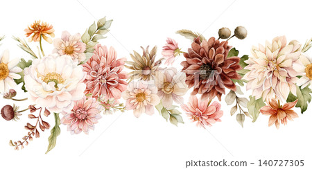 Autumn flower Seamless Border Dahlia Chrysanthemum Astra. Watercolor hand drawn floral illustration isolated on white background fall design wedding home textile cosmetic package crockery Autumn flower Seamless Border Dahlia Chrysanthemum Astra. Watercolor hand drawn floral illustration isolated on white background fall design wedding home textile cosmetic package crockery 140727305