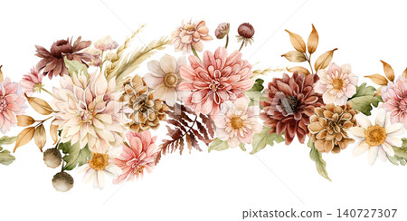 Autumn flower Seamless Border Dahlia Chrysanthemum Astra. Watercolor hand drawn floral illustration isolated on white background fall design wedding home textile cosmetic package crockery Autumn flower Seamless Border Dahlia Chrysanthemum Astra. Watercolor hand drawn floral illustration isolated on white background fall design wedding home textile cosmetic package crockery 140727307