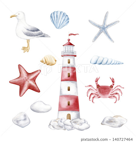 Watercolor nautical set with a lighthouse, seagull, crab, starfish and seashells isolated illustration. Hand drawn collection marine clipart for beach party invitations, summer card and coastal decor. 140727464