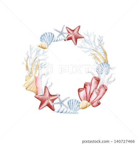 Watercolor nautical round wreath with starfish, seashells and coral isolated. Hand drawn marine sticker template with copy space for summer party invitations, beach wedding decor and greeting cards. Watercolor nautical round wreath with starfish, seashells and coral isolated. Hand drawn marine sticker template with copy space for summer party invitations, beach wedding decor and greeting cards. 140727466