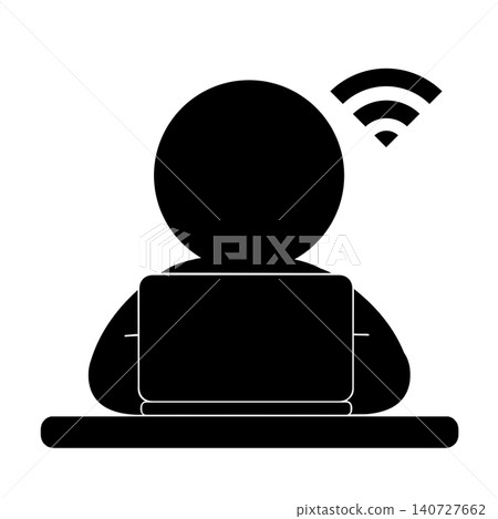 A simple pictogram of a person working on a computer via Wi-Fi. A simple pictogram of a person working on a computer via Wi-Fi. 140727662