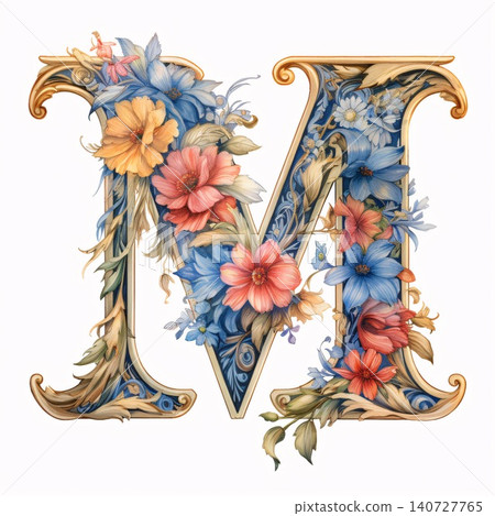 Vintage floral capital letter M in Victorian style with flowers and leaves. Illustration Vintage floral capital letter M in Victorian style with flowers and leaves. Illustration 140727765