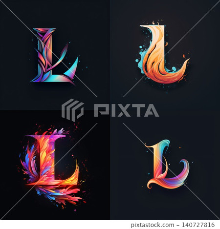 L letter icon set with colorful splash and blots on black background 140727816