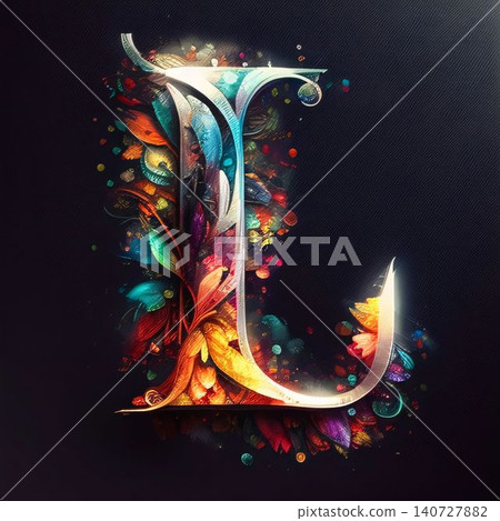 Letter L with floral ornament on black background. 3D illustration. 140727882