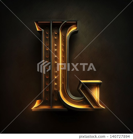 Vector golden letter with lamps on dark background. Metallic alphabet. 3d letter L 140727894