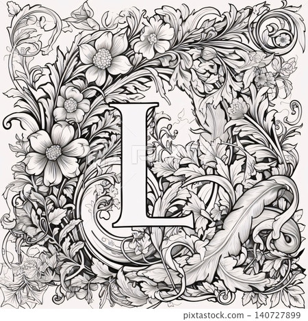 Vintage letter L with floral ornament. Hand drawn vector illustration. 140727899