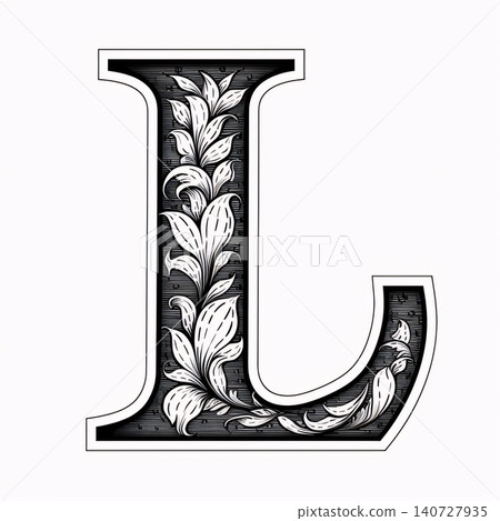 Vintage capital letter L with floral ornament. Black and white capital letter. 140727935